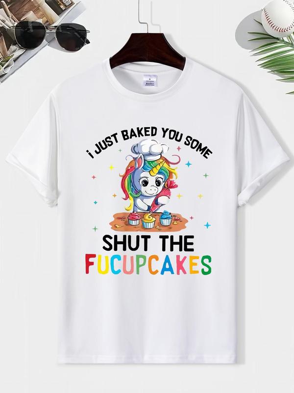 Men's Classic Cartoon & Letter Print Tee, Regular Fit Round Neck Summer Short Sleeve T-shirt, Comfortable Casual Menâ€™s Vintage Streetwear