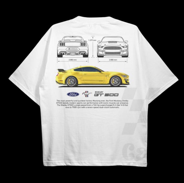 Drive in Style Car-Themed T-Shirts, Mustang Shelby GT500 WHITE T-Shirt, Mustang Shelby GT500 Technical Specs T-Shirt, Racing Shirt, Sport Car Shirt