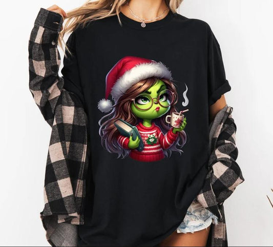Boujee Green Girl Holding Books T-Shirt, Christmas Tee Cotton Fabric