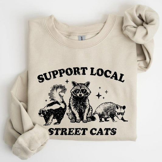 Support Local Street Cats, Raccoon, Skunk, Possum, Meme, Funny, Aesthetic Sweatshirt, Women's Crew Neck, Crewneck