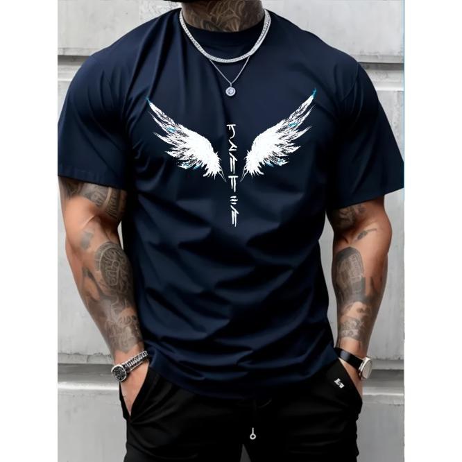 Mens Bold Wings Print T-shirt - Lightweight & Breathable, Casual Short Sleeve Crew Neck - Perfect Summer Outdoor Clothing for Stylish AdventuresMade i