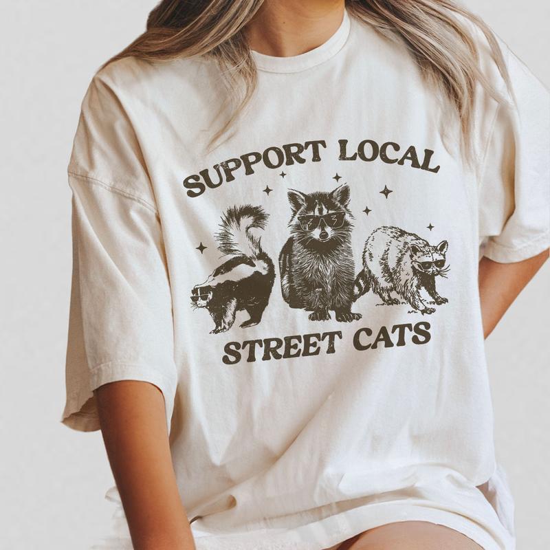 Support Your Local Street Cats Graphic T-Shirt, Retro Unisex Adult T Shirt, Vintage Raccoon T-Shirt, Nostalgia Shirt, Relaxed Cotton Tees, Raccoon Lov