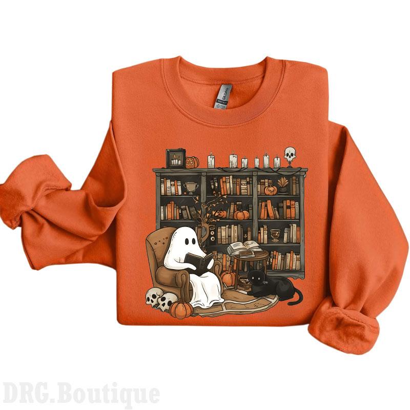 Retro Ghost Reading Books Crewneck Sweatshirt, Librarian Ghost Halloween 2024 Merch Women's Shirt, Halloween Teacher Sweatshirt, Halloween Gift Sweats