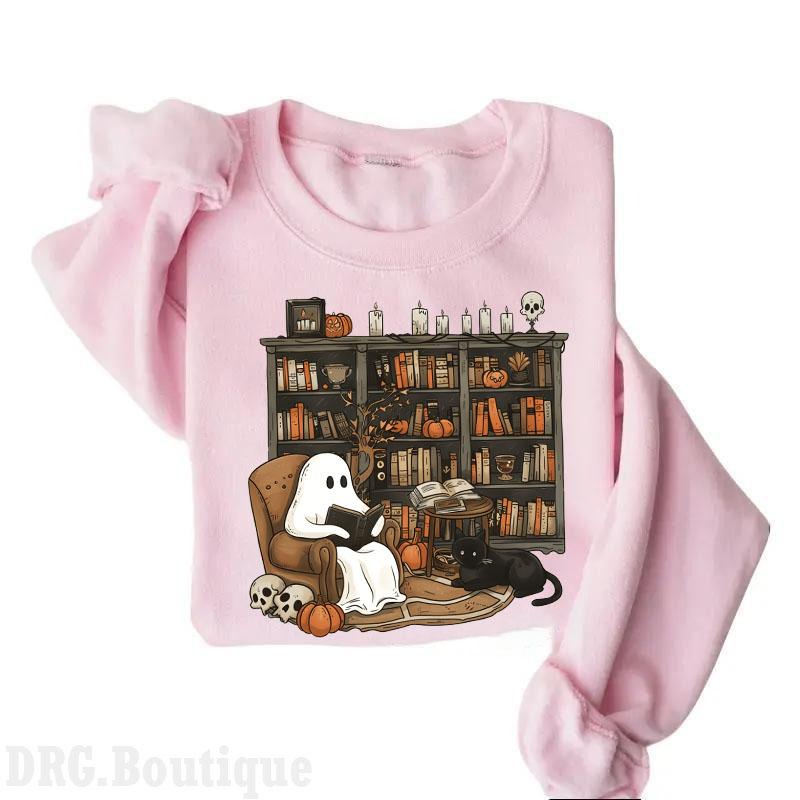 Retro Ghost Reading Books Crewneck Sweatshirt, Librarian Ghost Halloween 2024 Merch Women's Shirt, Halloween Teacher Sweatshirt, Halloween Gift Sweats
