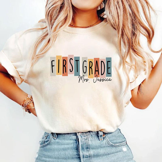 Happy First Day Of School 1st Grade Teacher Shirt, Custom Name Shirt, Personalized Teacher Shirt (Please Inbox In Message), First Grade Teacher Shirt,