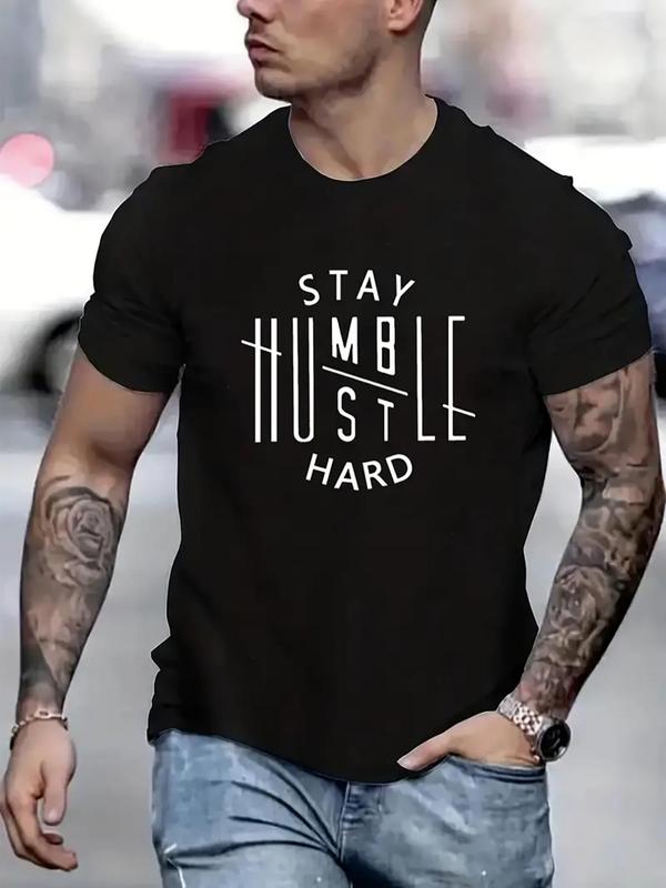 Men's 2024 Slogan Print Round Neck Tee, Summer Fashion Tee, Trendy Short Sleeve Crew for Casual Comfort, Streetwear Men's Summer Style