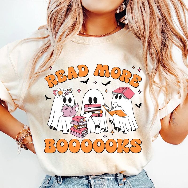 Ghost Book Reader Shirt, Retro Teacher Halloween Shirt, Read More Books Shirt, Funny Halloween Gift for Book Lover, Bookish Halloween Tee