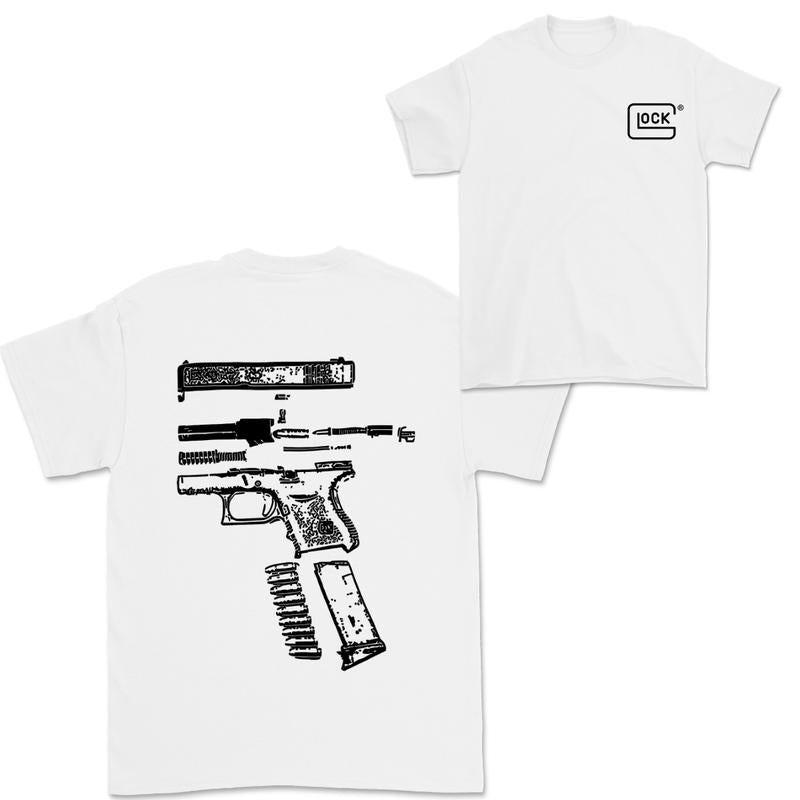 In Glock We Trust Men's Wear Tee, Featuring Black and White Designs for Both Hoodies and T-shirts