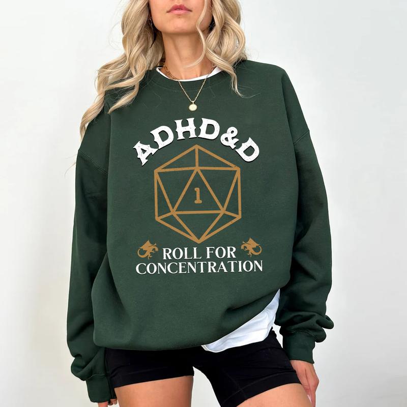 ADHD&D Roll for Concentration Sweatshirt - Dungeons and Dragons T-Shirt, Green, Unisex Design, Ideal for RPG Gift