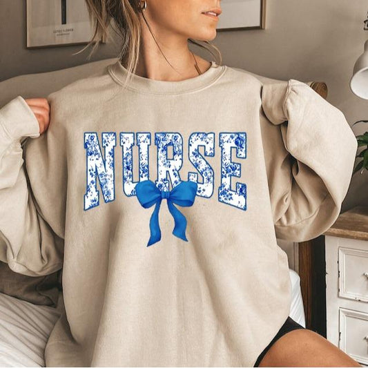 Coquette Bow Nurse Sweatshirt, Toile De Jouy Coquette Nurse Shirt, Nurse Ribbon Crewneck, Coquette Nurse Gifts For New Nurse, Full Size, Full Color