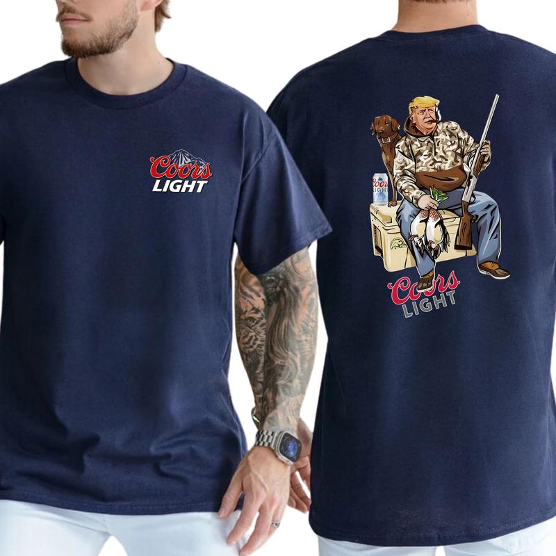Camo Hunter Trummpp with Dog Coors Light Beer Shirt 2-Sided, Men's Hunting Graphic Tee, Drinking Shirt, Vintage Hunt Tops, Classic Casual Menswear Cot