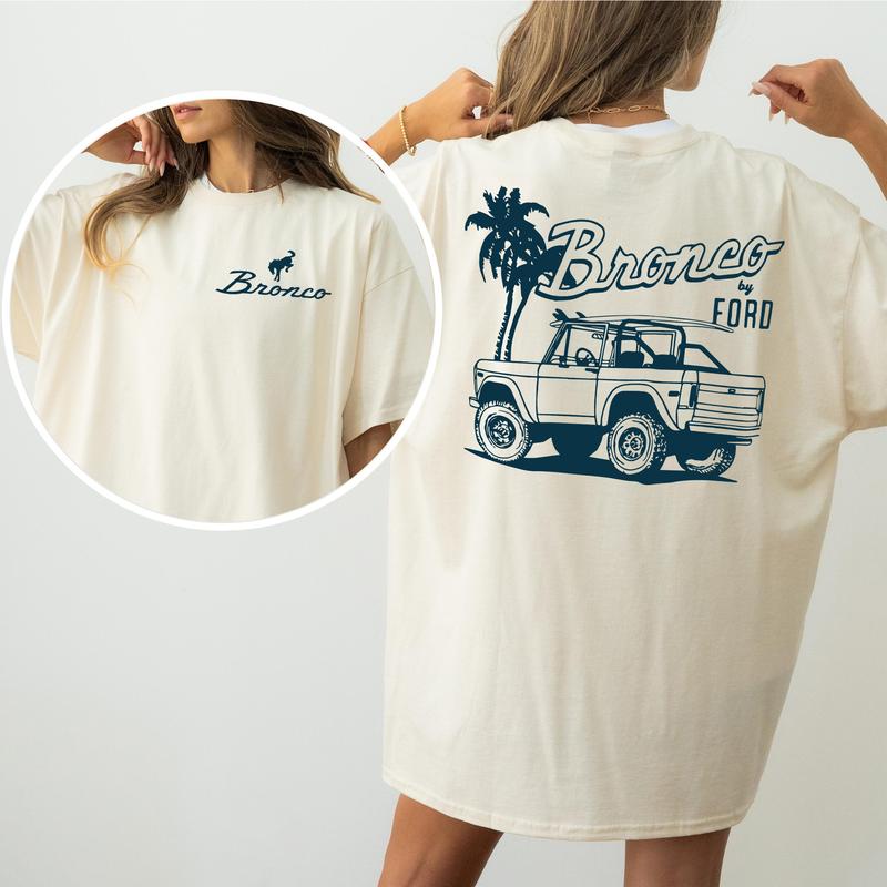 Vintage NDC Ford Bronco Graphic 2-Sided Shirt, Unisex Summer Beach Scene T-Shirt, Driving Tshirt for Men, Soft Cotton Fabric Top, Casual Womenswear
