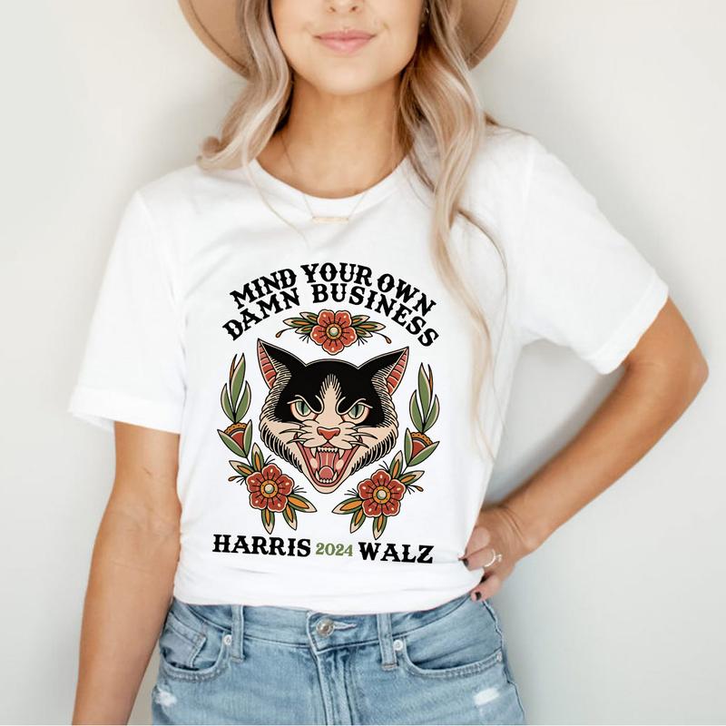 Mind Your Own Damn Business Shirt, Harris Walz 2024 Shirt, Walz Vice President Shirt, Cute Funny Cat Tshirt, We're Not Going Back Top Womenswear
