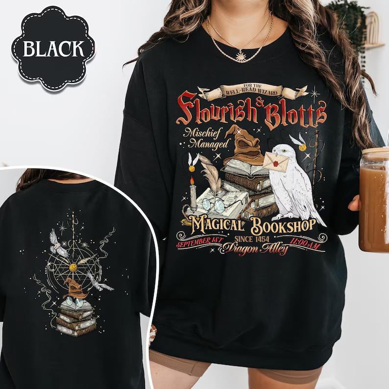 Flourish and Blotts Sweatshirt, Wizard Book Shop Shirt, Wizard Shop, Broomstick Wizard Shirt