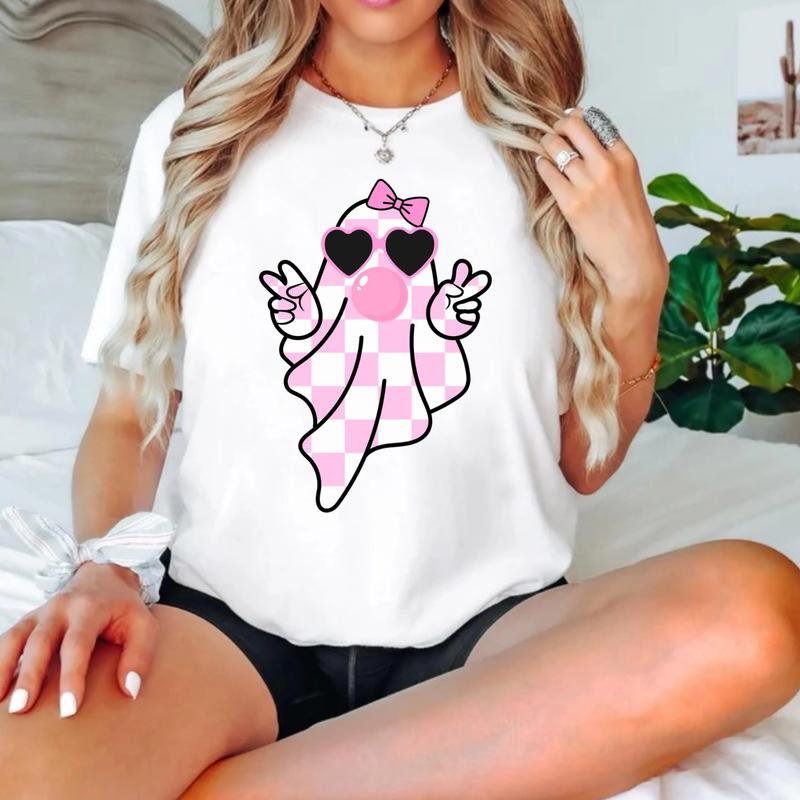 Cute Girly Ghost Blowing Bubble Tee - Retro Checkered Bow Ghost Shirt - Adorable Pink Ghost T-Shirt - Perfect for â€˜On Wednesdays We Wear Pink, Gift fo