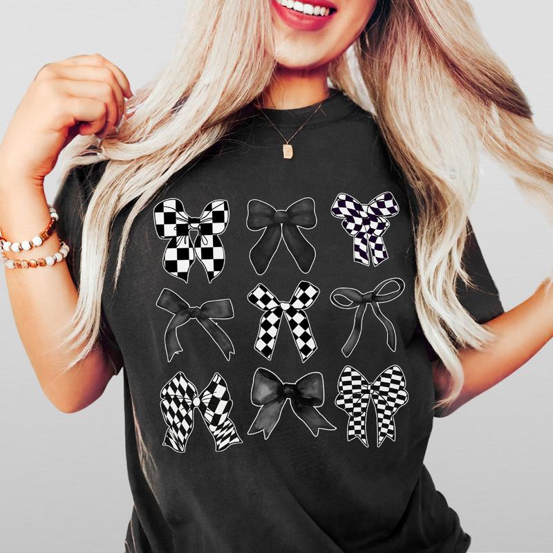Coquette Checkered Black Bow Shirt, Black Bows Coquette Shirt, Gift for Her, Gift for Mom, T-Shirt for Women, Coquette Bows Checkered T-Shirt, Black B