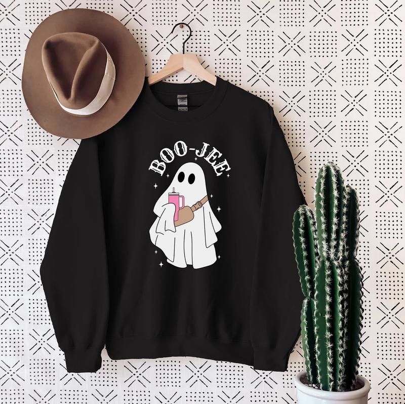 Boo Jee Ghost Sweatshirt, Halloween Crewneck, Spooky Ghost Sweatshirt Unisex Classic Collar Printed