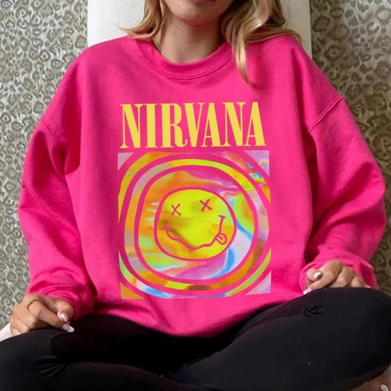 Nirvana Smiley Face Sweatshirt, Nirvana Aesthetic Unisex Crewneck Sweatshirt, Smile Tee Heliconia Pink Sweatshirt, Trendy Pink Nirvana Shirt