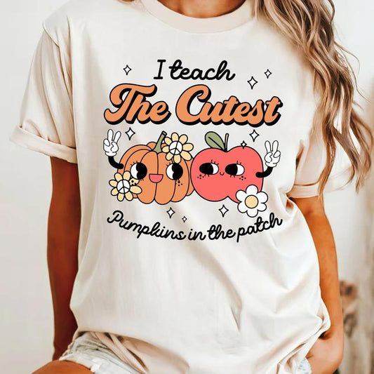 I Teach The Cutest Pumpkin In The Patch Shirt, Fall Teacher Shirt, Groovy Autumn Teacher Shirt, Retro Teacher Shirt, Pumpkin Teacher Shirt fall graphi