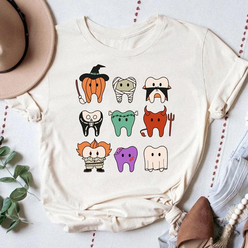 Halloween T.e.e.t.h Dental Shirt, Pediatric Dentist Shirt, Hygienist Halloween , Dentist Halloween Shirt Collar Comfort Cotton Fabric