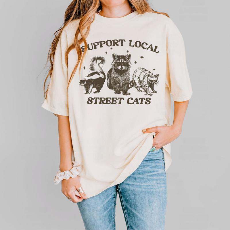 Support Your Local Street Cats Graphic T-Shirt, Retro Unisex Adult T Shirt, Vintage Raccoon T-Shirt, Nostalgia Shirt, Relaxed Cotton Tees, Raccoon Lov