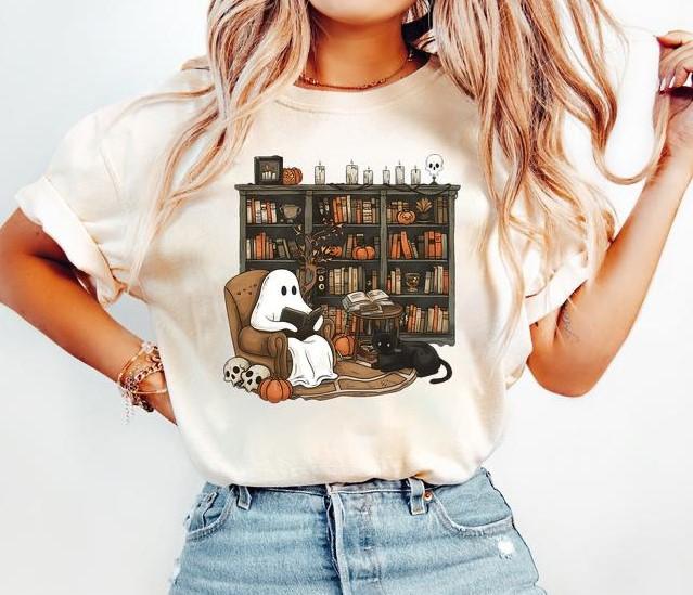Retro Ghost Reading Books Sweatshirt T-Shirt Hoodie, Librarian Ghost Halloween Sweater, Halloween Teacher Shirt, Ghost Halloween Shirt, Ghost Shirt, G