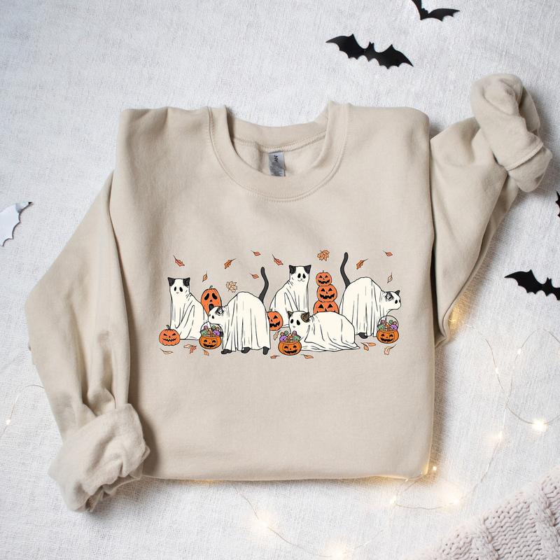 Halloween Ghost Cats Crewneck Sweatshirt, Hoodie, T-shirt