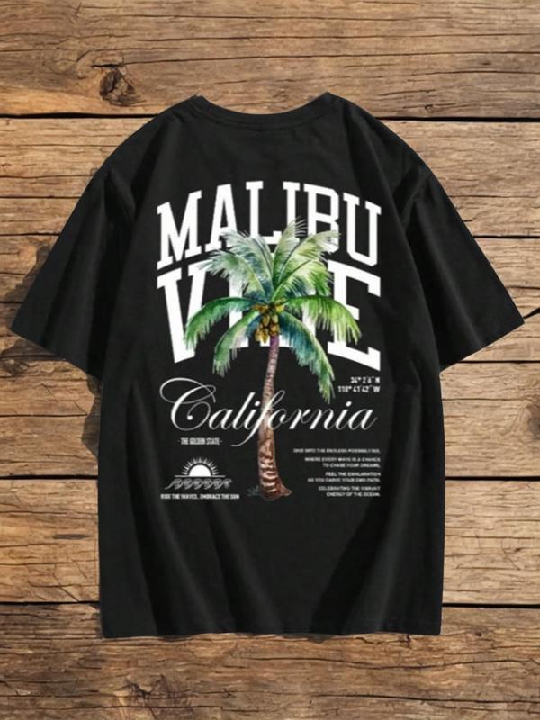 MMen's Coconut Tree & Letter Print Short Sleeve Tee, Regular FitÂ Casual Streetwear Graphic Round Neck T-Shirt, Graphic Tees,Â Men's Summer Graphic Tees