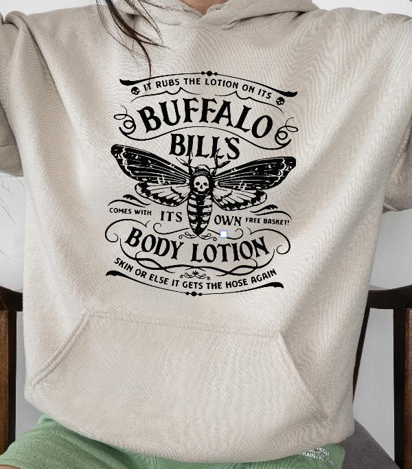 Buffalo Bill Sweatshirt - Blue Fleece Hoodie with Butterfly Graphic Design, Featuring It RUBS THE LOTION Text, Long Sleeve, Casual Style Sweathsirt