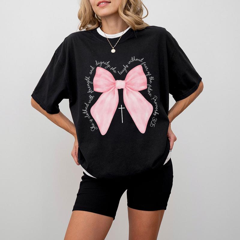 Coquette Christian Shirt, Proverbs She is Clothed with Strength Coquette Bow T-Shirt, Christian Sweatshirt, Christian Shirts For Women, Coquette Bible