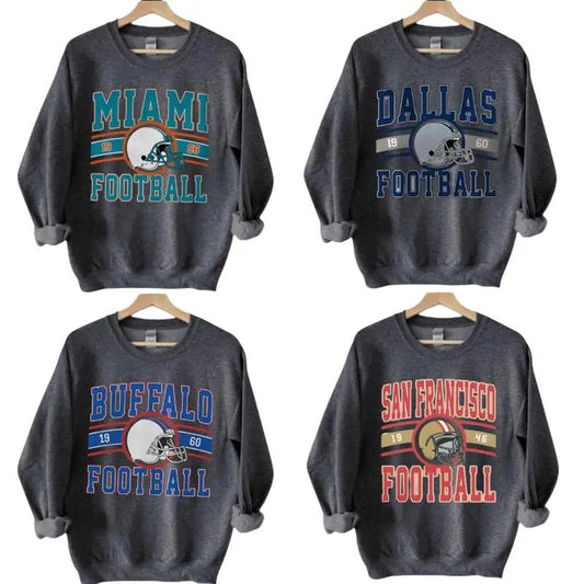 Vintage Dark Heather Color All Team Football Sweatshirt with Big Words Logo and Graphic Sweatshirt for Football Fans, Casual Round Neck