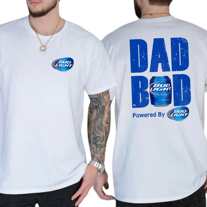 Bud Light Dad Bod Powered By Bud Light 2-Sided T-shirt for Men, Men's Beer Drinking Tees, Funny Drink Top for Daddy, Soft Cotton Classic Menswear