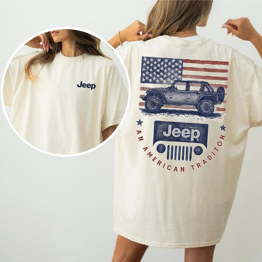Vintage Jeep American Tradition 2-Sided Shirt for Women and Men, Patriotic USA Flag Tshirt, Car Enthusiast Tops, Cotton Fabric Tee, Casual Womenswear