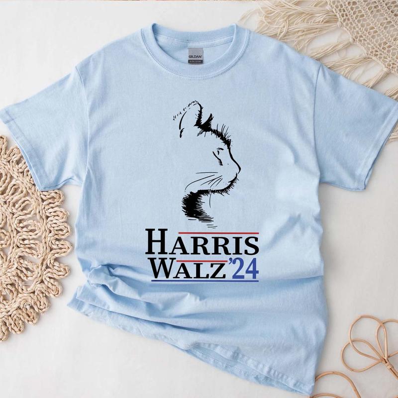 Harris Walz 2024 Cat Shirt, Kamala Harris SweatShirt, Tim Walz Shirt, Harris 2024 Shirt Top Womenswear Print T-Shirt