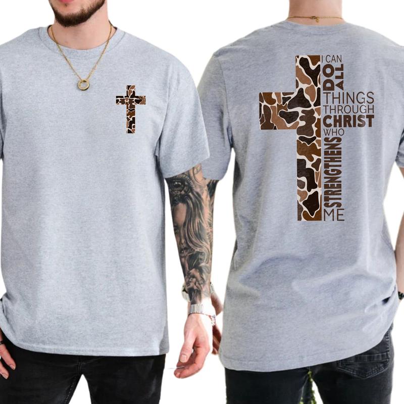 Men's Christian Camo Cross 2-Sided Shirt, I Can Do All Things Through Christ T-shirt, Hunting Tee, Bible Verses Tops, Jesus Apparel, Classic Menswear