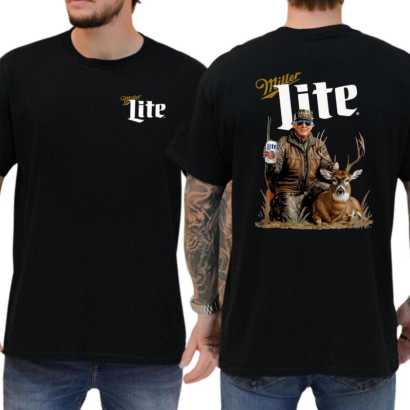 Camo Hunter Trummp With Miler Lite Beer Shirt 2-Sided, Vintage Men's Buck Hunting Tshirt, Beer Drinking Tee, Unisex Hunt Tops, Classic Casual Menswear
