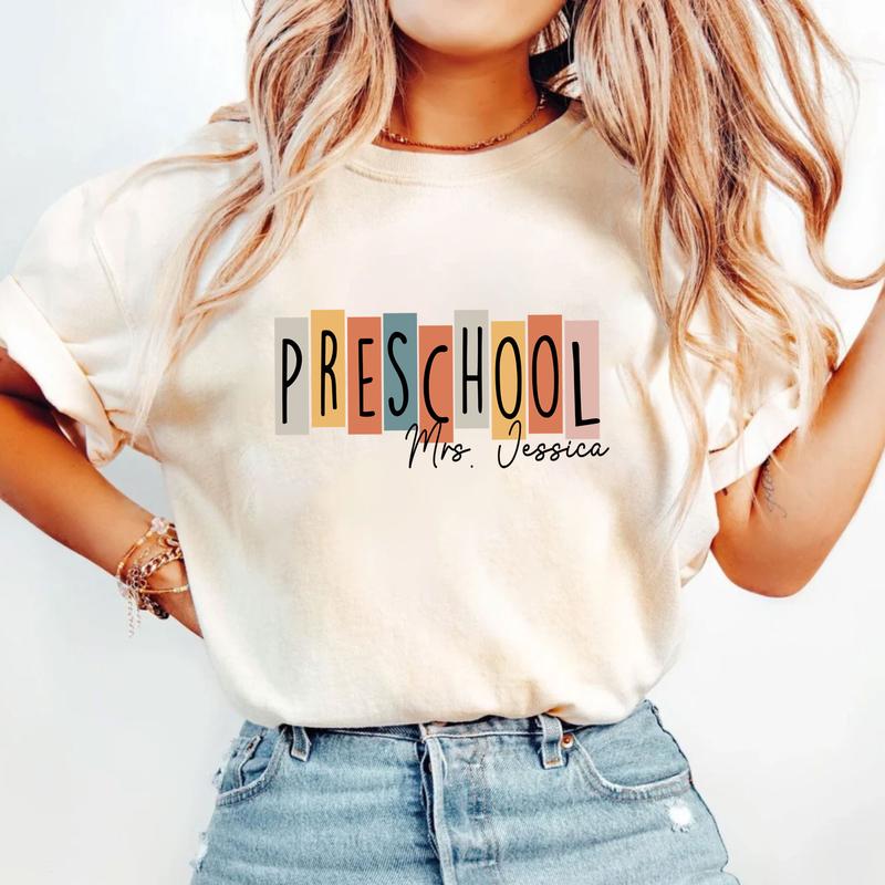Happy First Day Of School Preschool Teacher Shirt, Custom Name Shirt, Personalized Teacher Shirt (Please Inbox In Message), Preschool Teacher Shirt, P