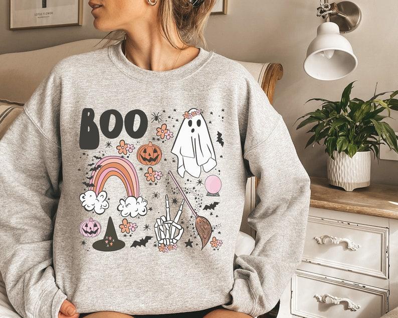 Vintage Halloween Sweatshirt, Halloween Sweater, Halloween Shirts for Women, Crewneck Collar Comfort Cotton Fabric