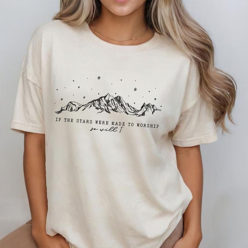 If the Stars Were Made to Worship So Will I Shirt, Christian Faith T-Shirt, Inspirational Religious Tee, Mountains and Stars Design, Comfortable Casua