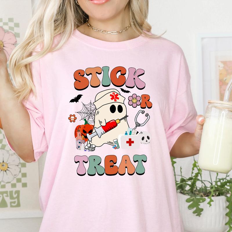 Nurse Halloween Shirt, Spooky Nurse Shirt, Stick Or Treat, Halloween Party Nurse Crew Shirts, Fall Nurse Shirt, Halloween Party Costume Casual Comfort
