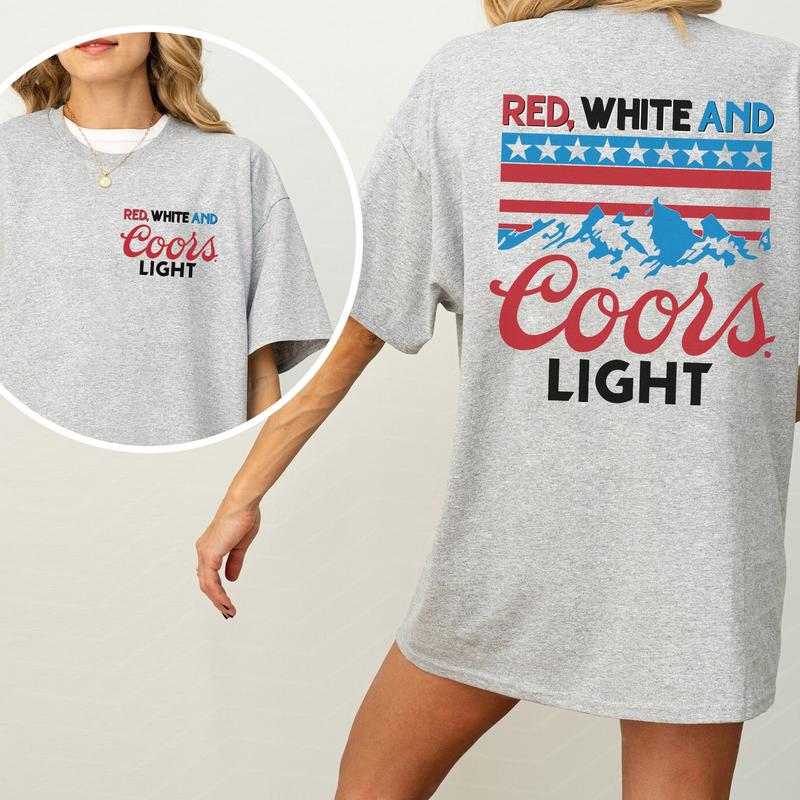 Red White And Coors Light 2 Sided Cotton T-Shirt Graphic 2 Sided Shirt, Comfort Clothing, Cotton Fabric Tshirt, Printed Women's Top, Casual Womenswear