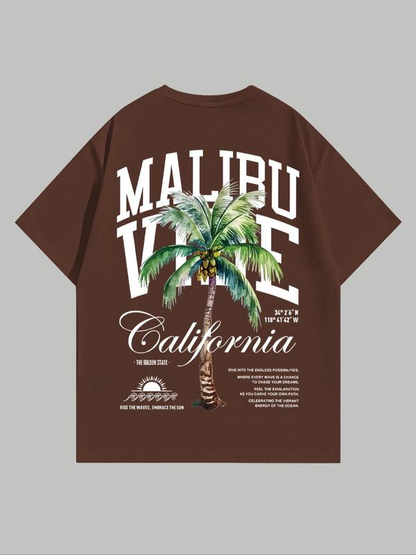 MMen's Coconut Tree & Letter Print Short Sleeve Tee, Regular FitÂ Casual Streetwear Graphic Round Neck T-Shirt, Graphic Tees,Â Men's Summer Graphic Tees