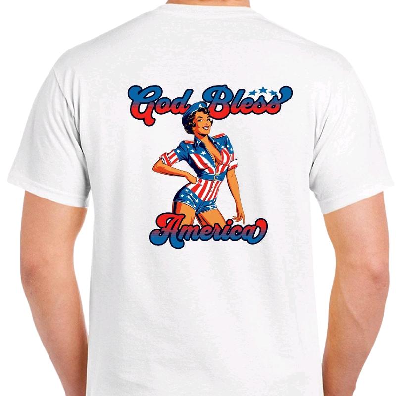 God Bless America Pinup Girl Men's T-Shirt in Cotton - Menswear Tshirt Top Casual Crewneck