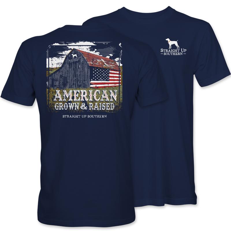 American Grown Barn - Rustic Barn with American Flag T-Shirt - Navy