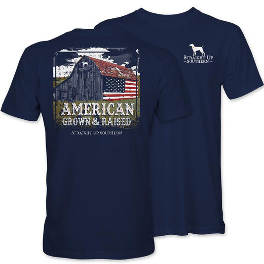 American Grown Barn - Rustic Barn with American Flag T-Shirt - Navy