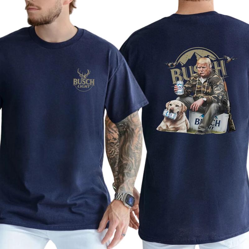 Hunter Trummpp Golden Dog Busch Light Beer Shirt 2-Sided, Men's Buck Hunting Graphic Tee, Drinking Shirt, Vintage Hunt Tops, Classic Casual Menswear