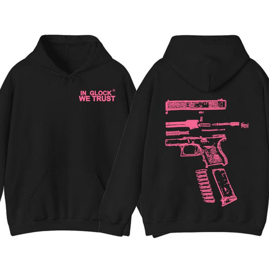 IN GLOCK WE TRUST 2 SIDE Hoodie , Design Heliconia pink, Sweater for Men , Gift For Men ,Full Color , Menswear Top, Glock SweatShirt Classic Cotton