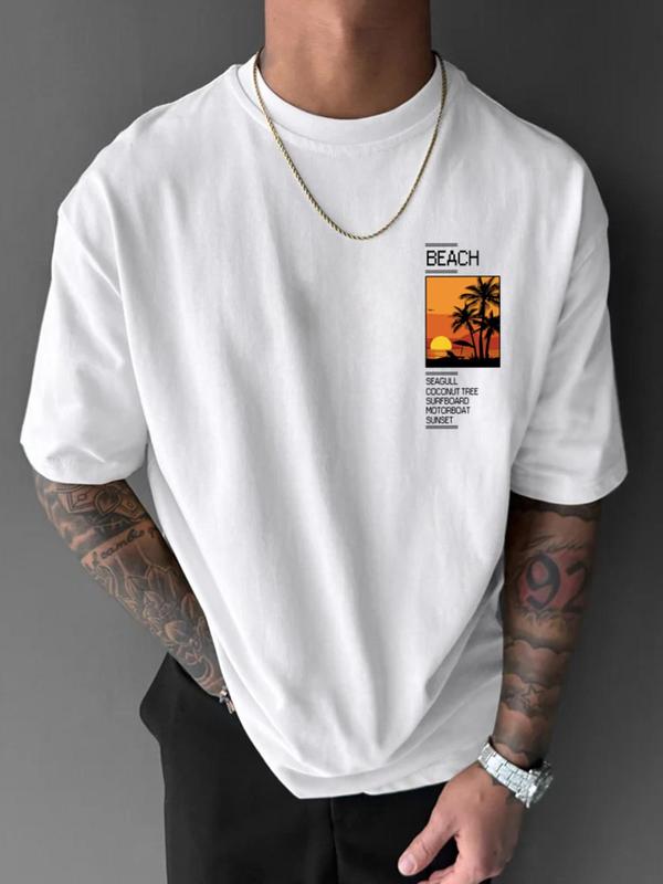 Men's Landscape & Letter Print Drop Shoulder GraphicÂ Tee, Regular Fit Casual Short Sleeve Round Neck T-shirt, Fashion Men's Summer Top for Daily Wear