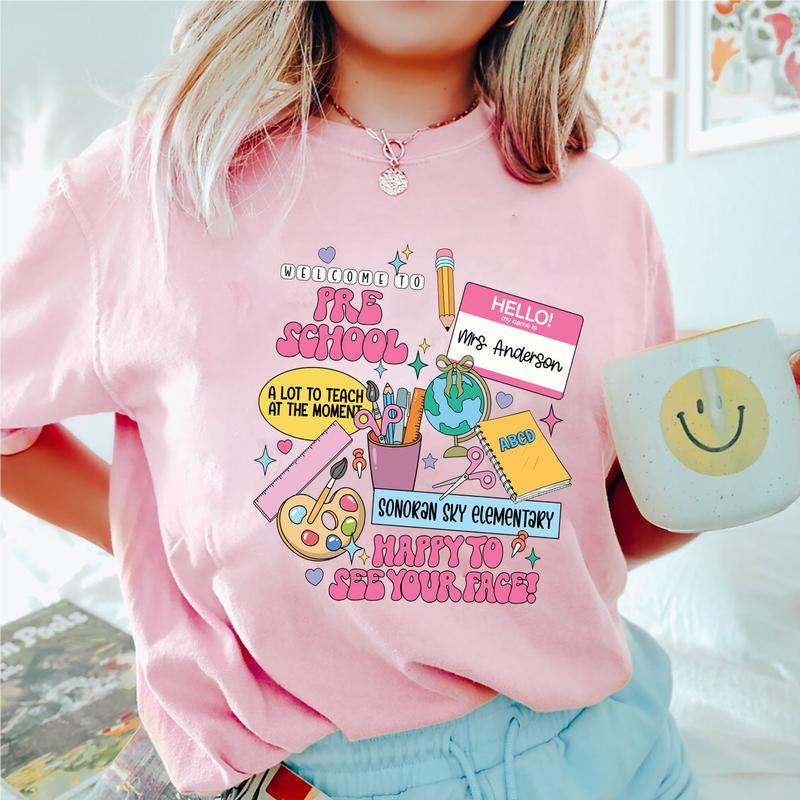 Welcome To Preschool Happy To See Your Face Shirt, Happy First Day Of School Preschool Teacher Shirt, Custom Name Shirt, Personalized Teacher Shirt (P