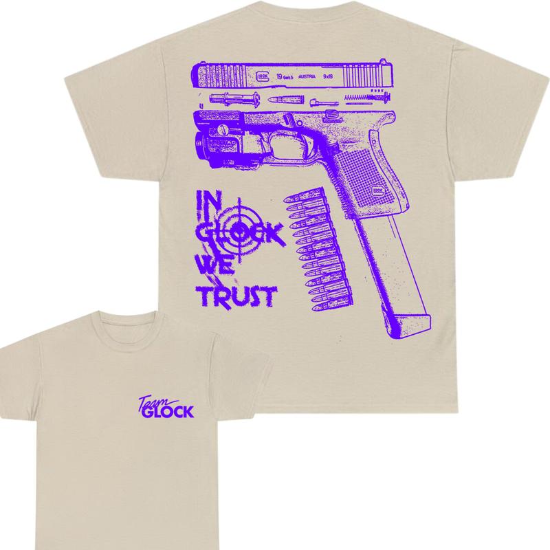 Team Glock Tshirt - Double-Sided IN GLOCK WE TRUST Tshirt - Classic Fit, design Color Blue - Full Color , Men's and Women's Sizes - Menswear Cotton